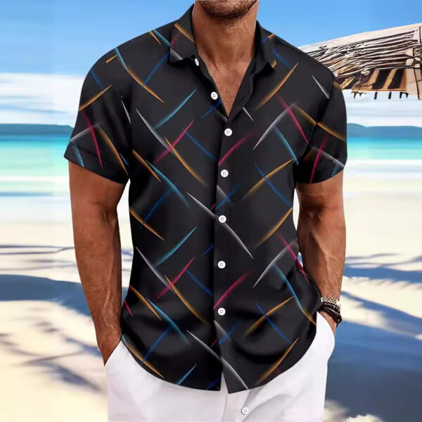 Summer New Men's Striped Feather Casual Beach Short Sleeve Button Shirt - Image 2