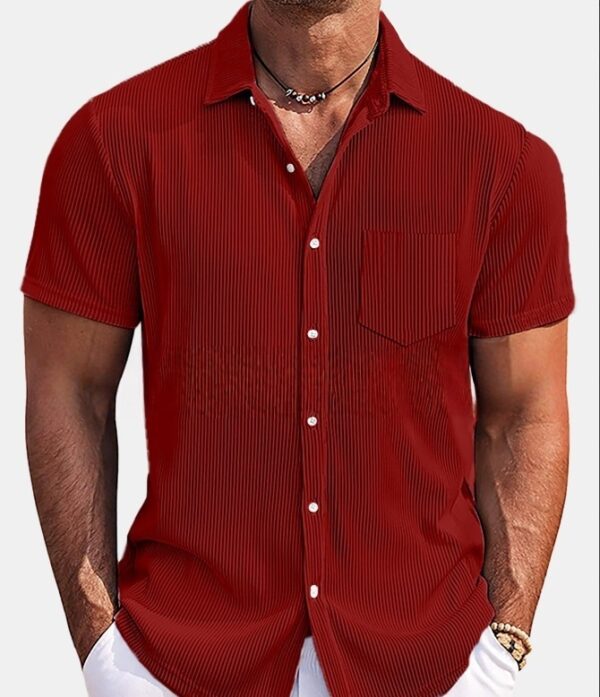 Solid Color Loose Vertical Striped Men's Short-sleeved Shirt - Image 5