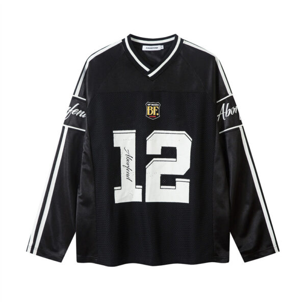 Digital Printed Long-sleeved T-shirt Jersey Contrast Color V-neck Top - Image 5