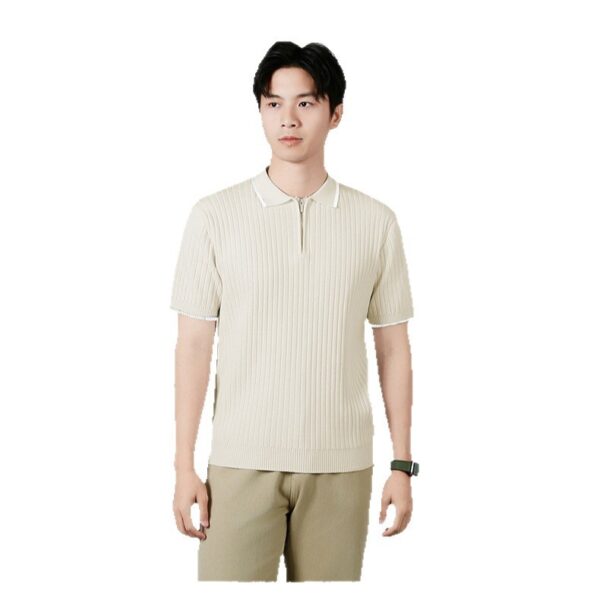 Men's Half-zip Ice Silk Knitted Lapel Vertical Striped Top - Image 2
