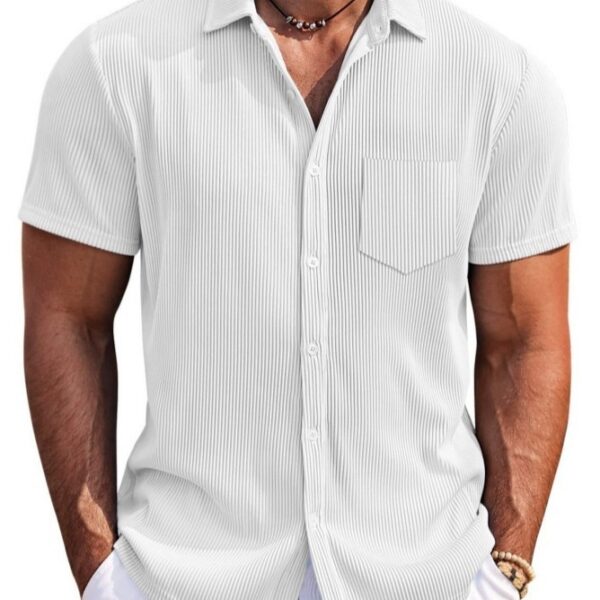 Solid Color Loose Vertical Striped Men's Short-sleeved Shirt - Image 9