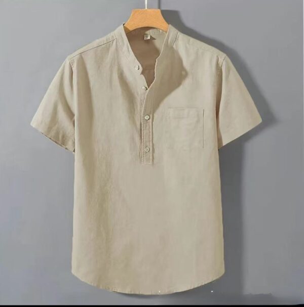 Casual Stand Collar Short Sleeve Solid Color Slub Linen Shirt Top - Image 3