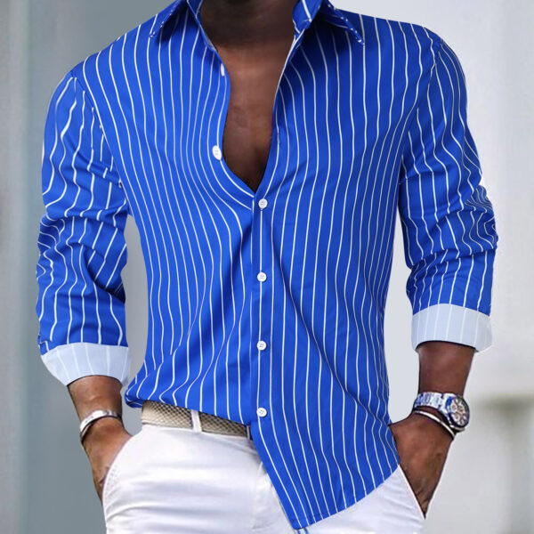 European And American Fall Winter Men Striped Lapel Cardigan Foreign Trade Striped Long Sleeve Shirt - Image 6