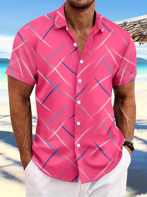 Summer New Men's Striped Feather Casual Beach Short Sleeve Button Shirt - Image 7