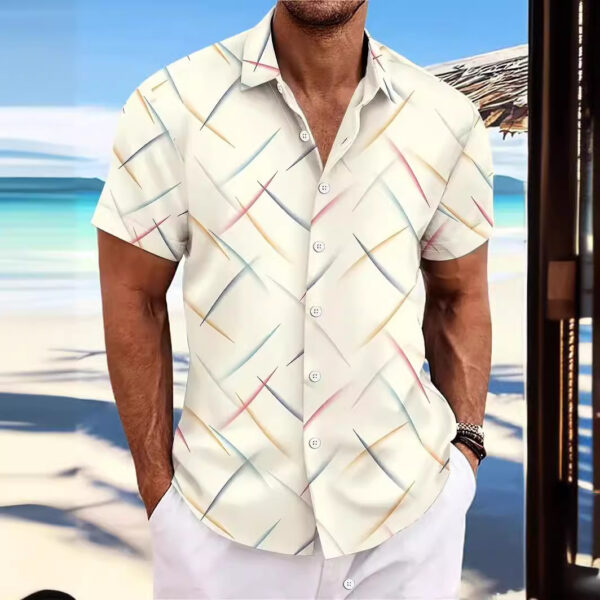 Summer New Men's Striped Feather Casual Beach Short Sleeve Button Shirt - Image 3