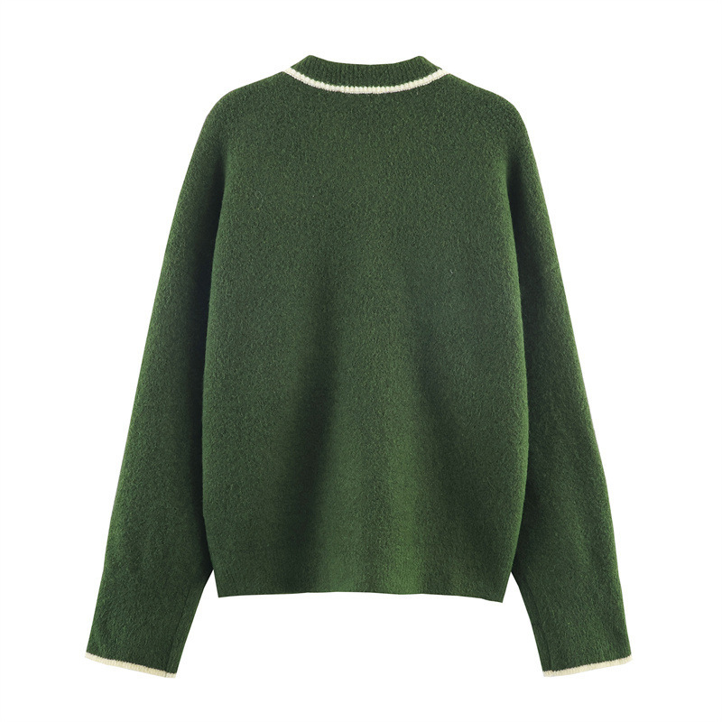 Women's Contrast Color Trim Knitted Coat - Image 6