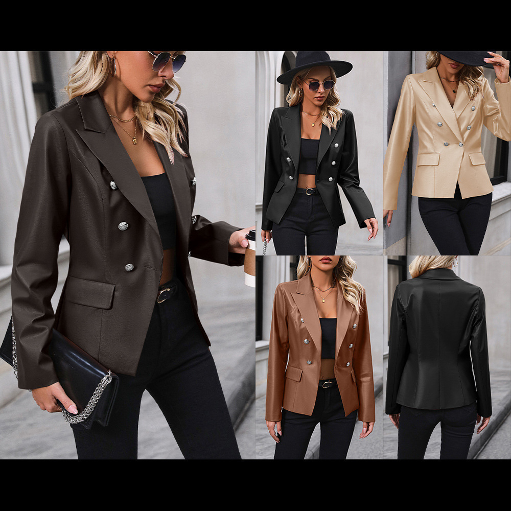 Women's Double Breasted Suit Motorcycle Leather Coat - Image 4