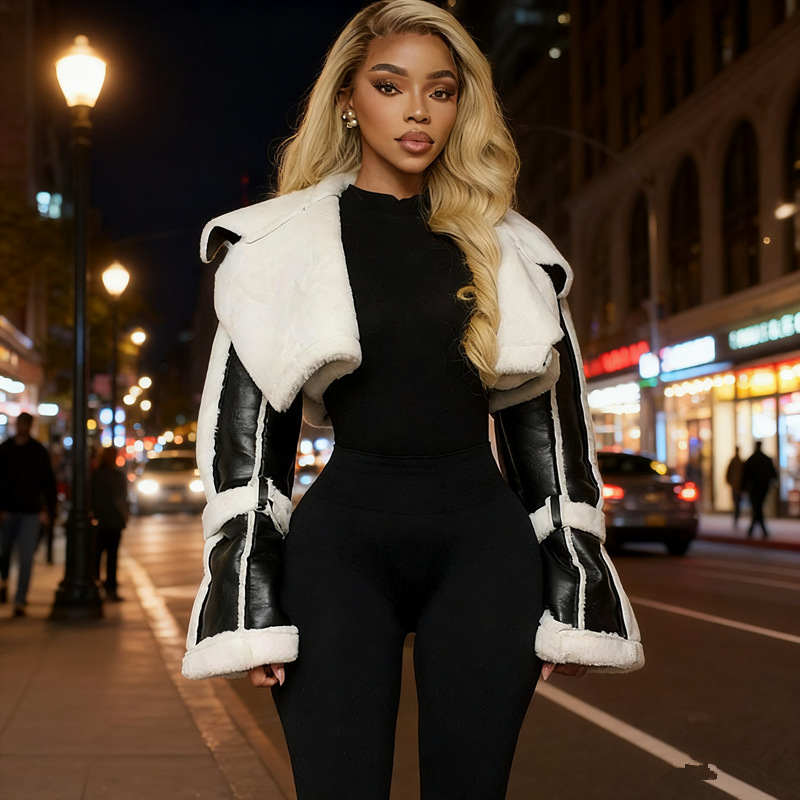 Leather-and-Fur-Trim Short Jacket For Women - Image 3