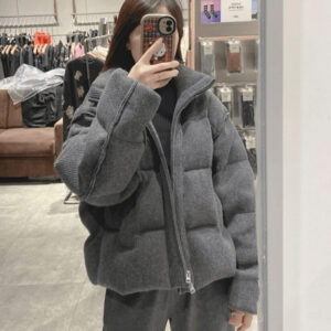 Korean-style Retro Gray Stand-collar Corduroy Loose Cotton Padded Jacket