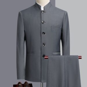 Mens Solid-Color Stand-Collar All-Match Zhongshan Suit With Long Trousers